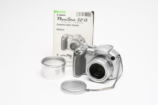 Canon Powershot S2 IS 5MP Digital Point&Shoot camera, adapter, manual
