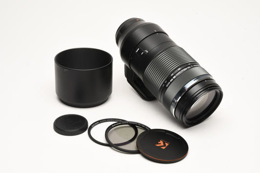 Olympus M Zuiko 100-400mm F5-6.3 IS ED MSC zoom, hood, collar, CPL, Mint-