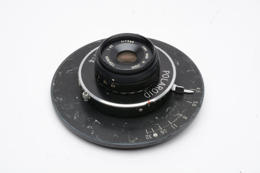 Tominon 75mm f4.5 lens w/Polaroid MP-4 Shutter and board, Very clean