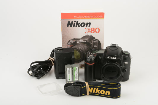 Nikon D80 DSLR body, batt+charger+book, Only 10K Acts, Nice!