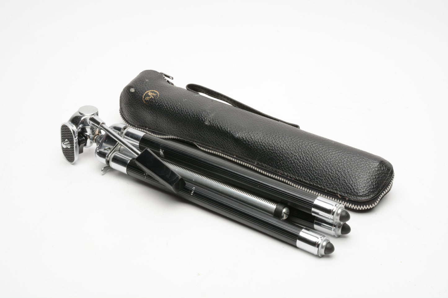 "M" aluminum vintage tripod w/accordion legs, pan head, case, nice!