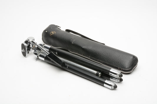 "M" aluminum vintage tripod w/accordion legs, pan head, case, nice!