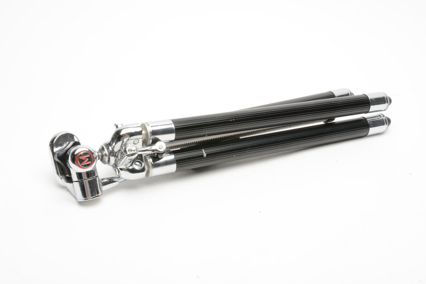 "M" aluminum vintage tripod w/accordion legs, pan head, case, nice!