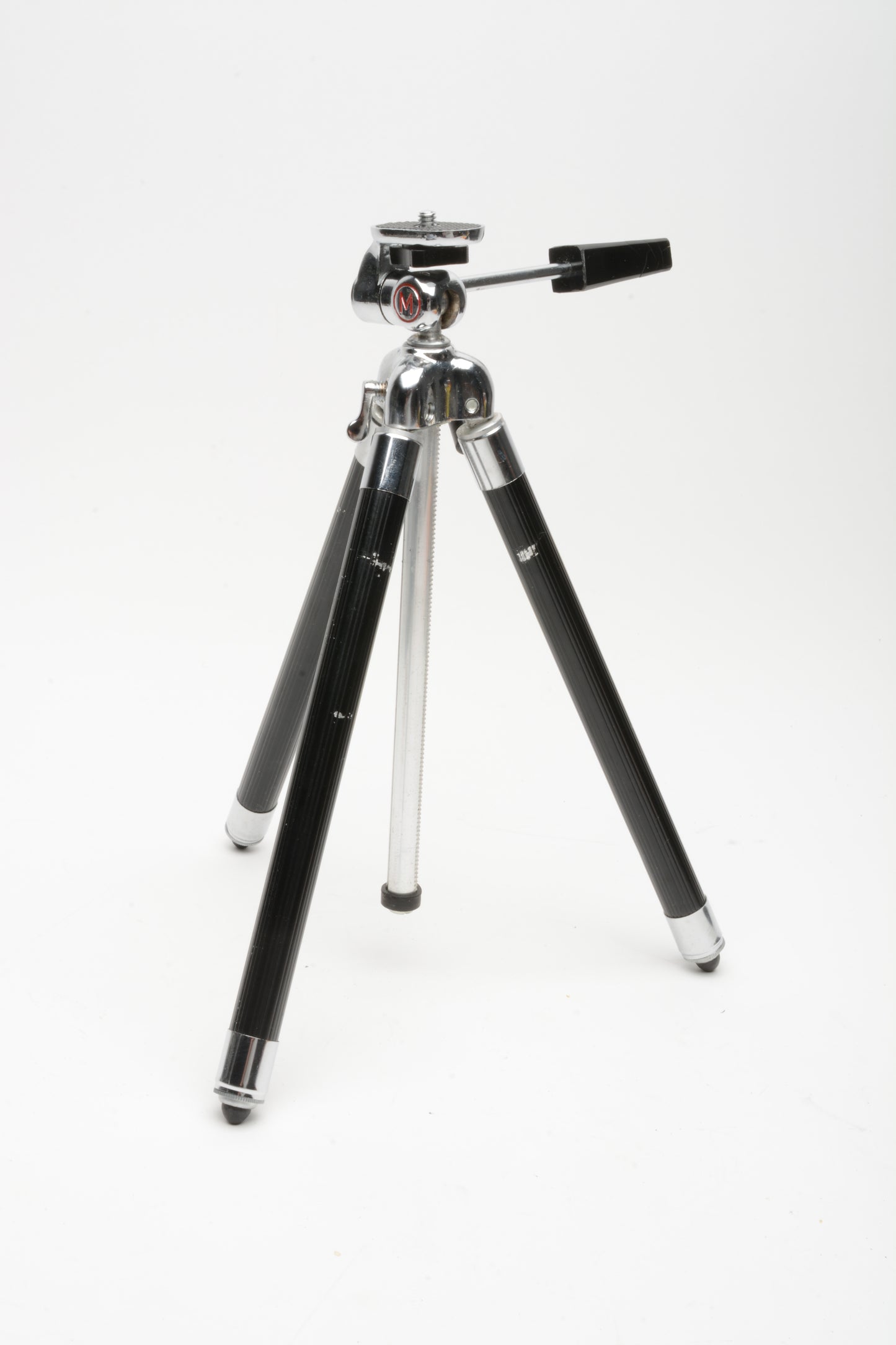 "M" aluminum vintage tripod w/accordion legs, pan head, case, nice!