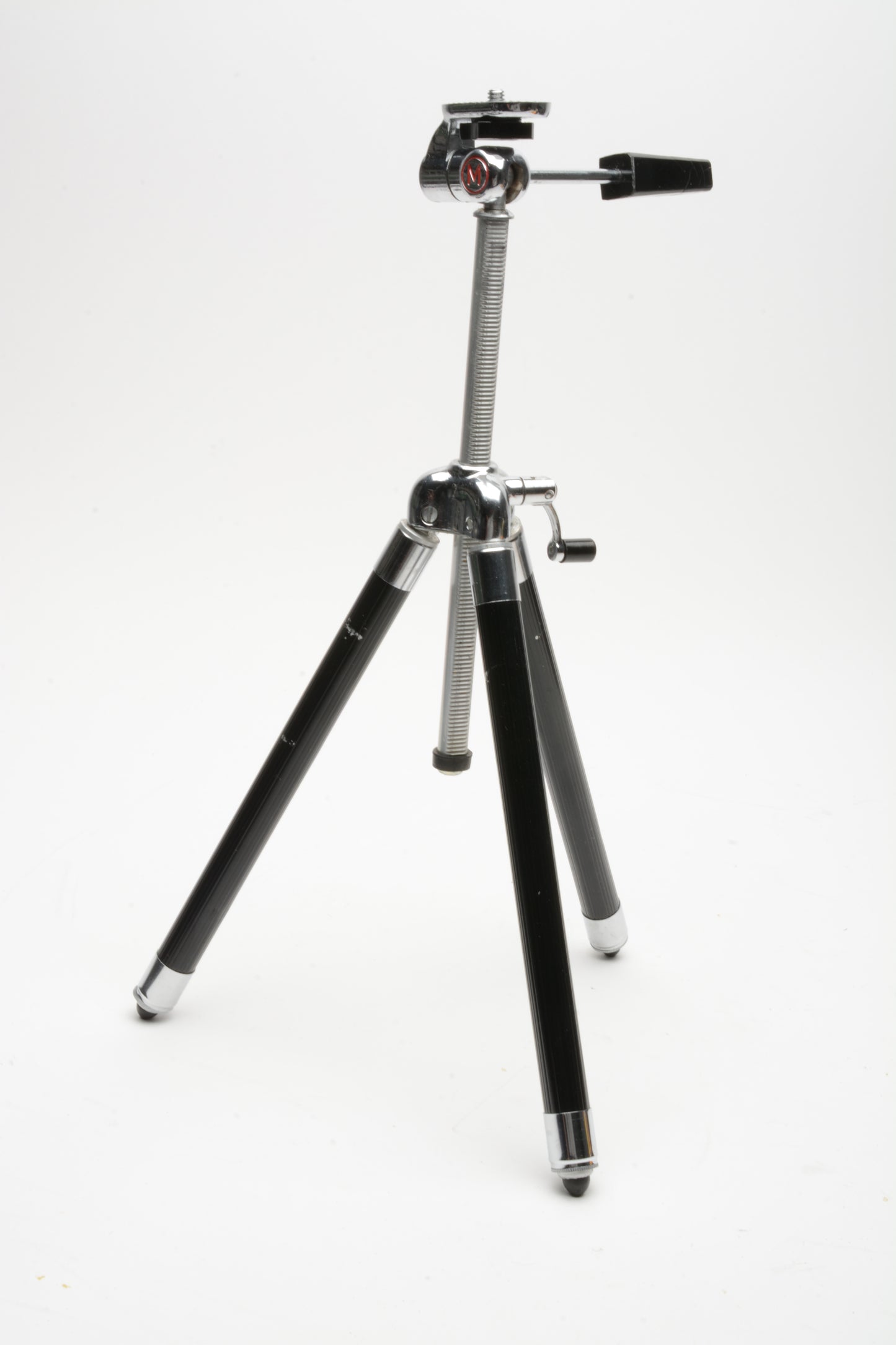 "M" aluminum vintage tripod w/accordion legs, pan head, case, nice!