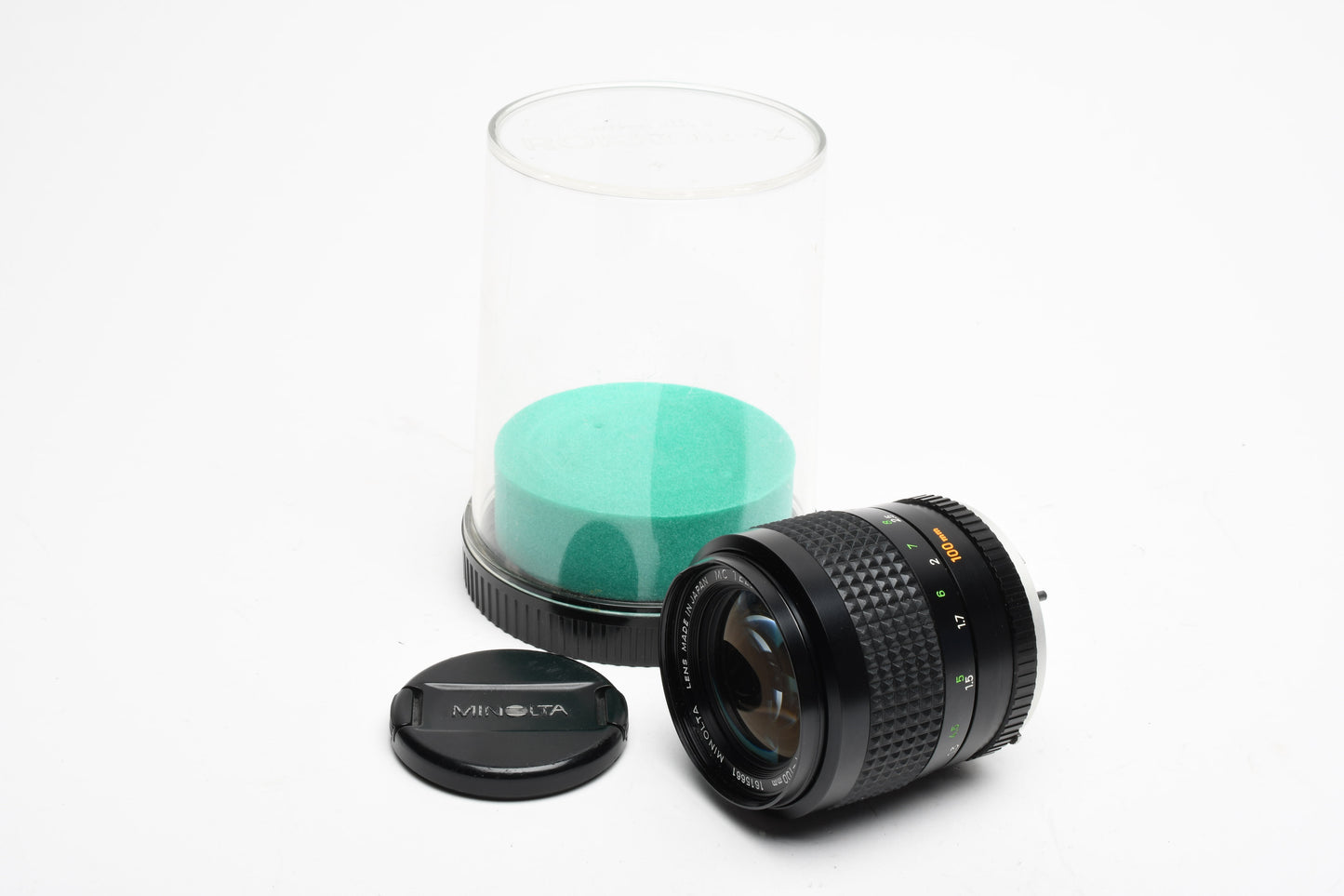 Minolta Rokkor-X 100mm f2.5 MD lens, Hood, Cap, Jewel case, Mint-