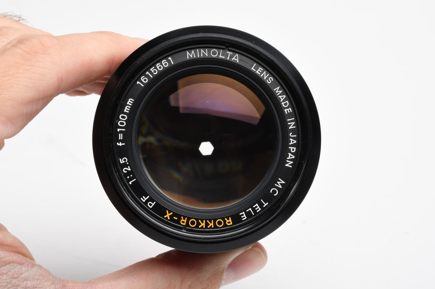 Minolta Rokkor-X 100mm f2.5 MD lens, Hood, Cap, Jewel case, Mint-