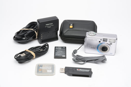 Pentax Optio 330RS 3.2MP Digital Point&Shoot camera, batt+charger+1GB CF+case