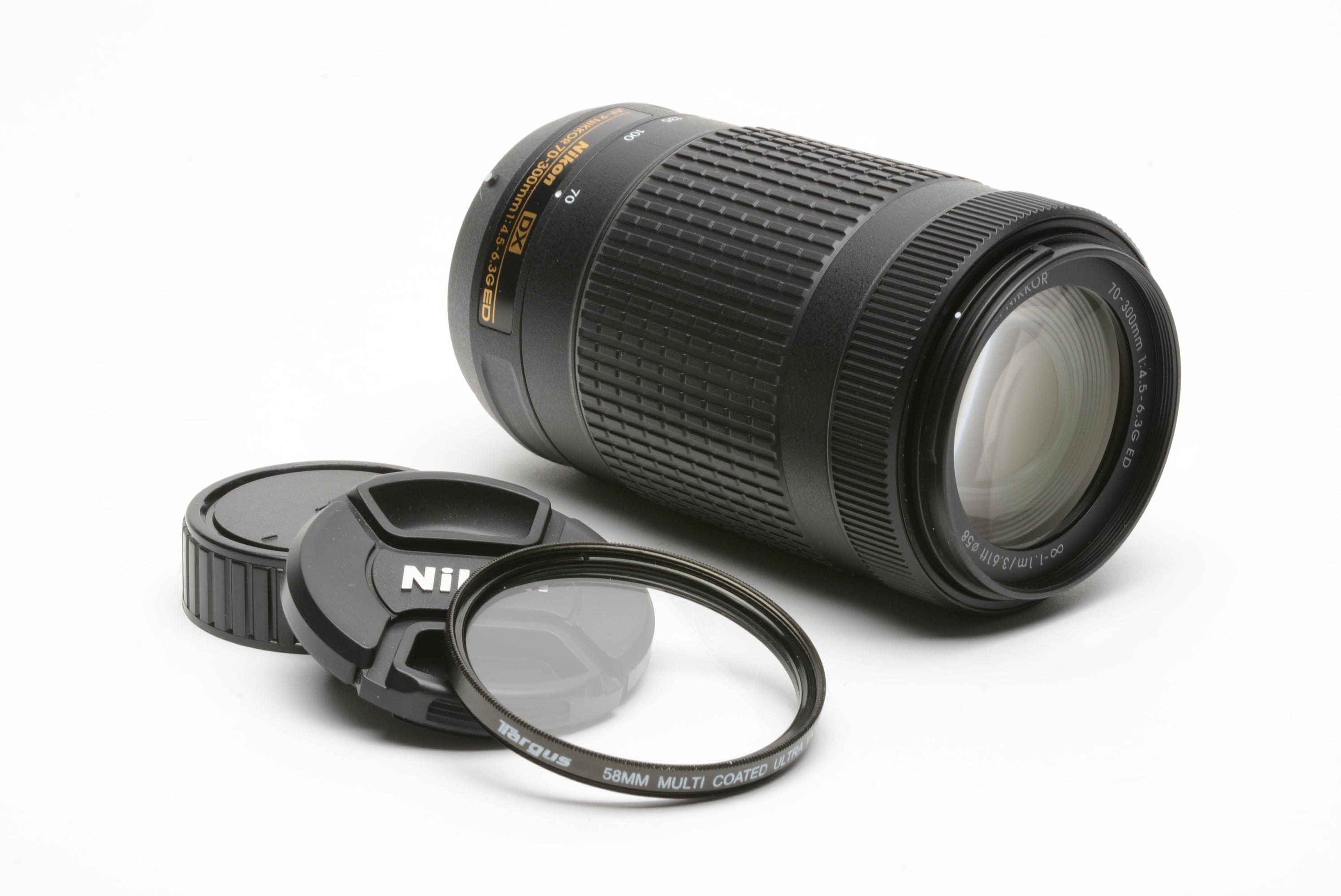 Nikon AF-P 70-300mm f4.5-6.3G ED DX zoom lens, caps + UV filter