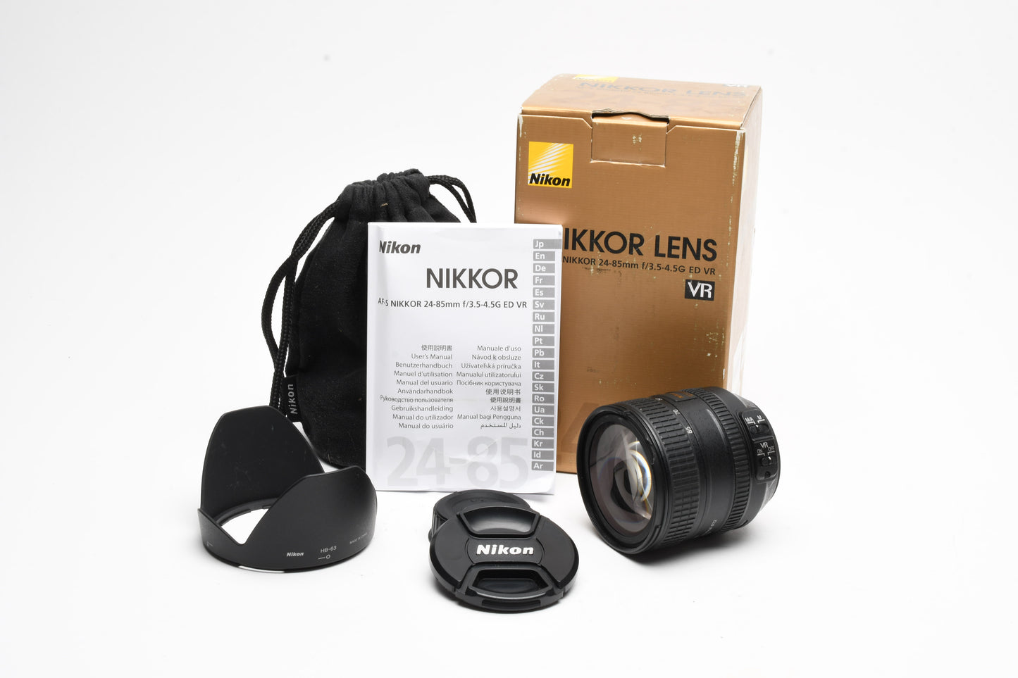Nikon Nikkor AFS 24-85mm f3.5-4.5G ED VR zoom lens, Hood, Pouch, *Read
