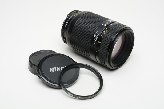 Nikon AF 70-210mm F4-5.6 zoom, caps, UV filter, very clean