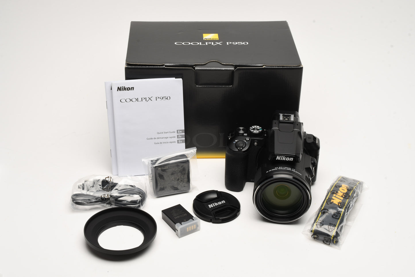 Nikon Coolpix P950 digital w/battery, charger, strap, hood, Mint, Boxed