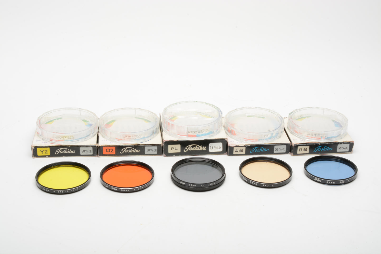 5X Toshiba 58mm filters:  A40, B40, PL, Orange, Yellow, Clean!