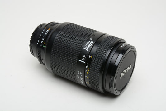 Nikon AF 70-210mm F4-5.6 zoom, caps, UV filter, very clean