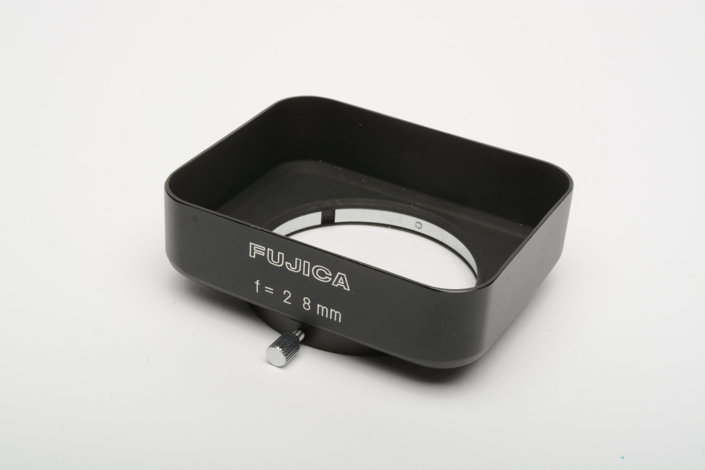 Fujica rectangular metal lens hood 49mm slip on in case, Clean