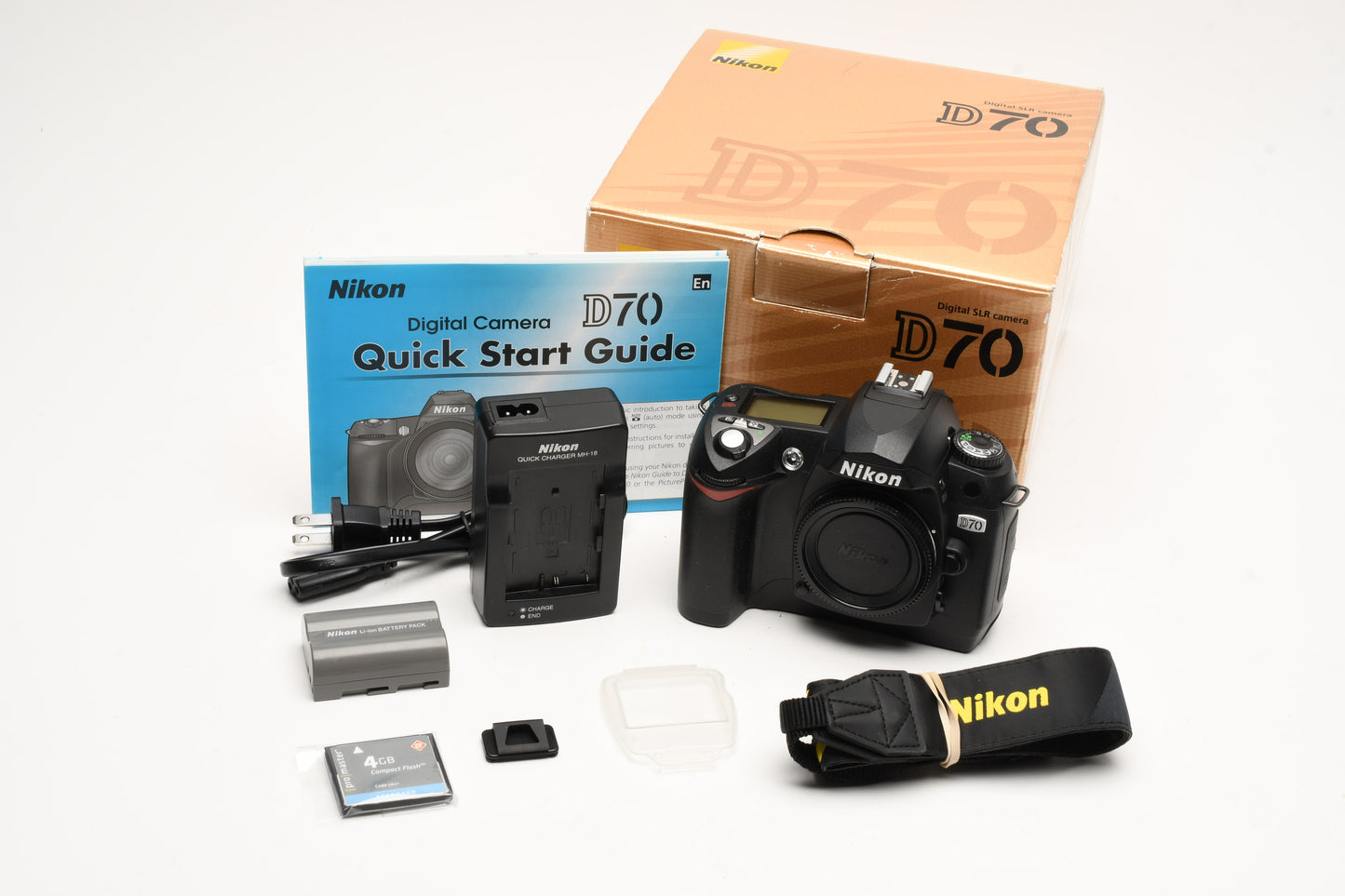 Nikon D70 DSLR body w/batt, charger, 4GB CF card, Only 1344 Acts, Boxed, Mint-