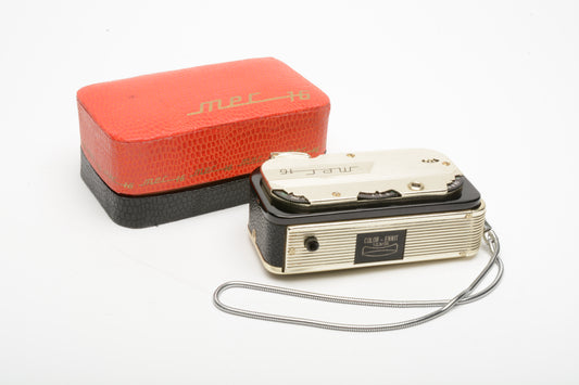 Mec 16 camera w/Color Ennit lens, works, w/Jewel box+strap, Nice!
