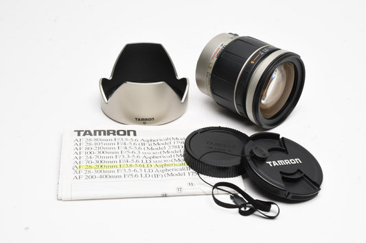 Tamron AF 28-200mm f3.8-5.6 IF Asph. LD zoom lens for Canon EF, hood+caps 271D