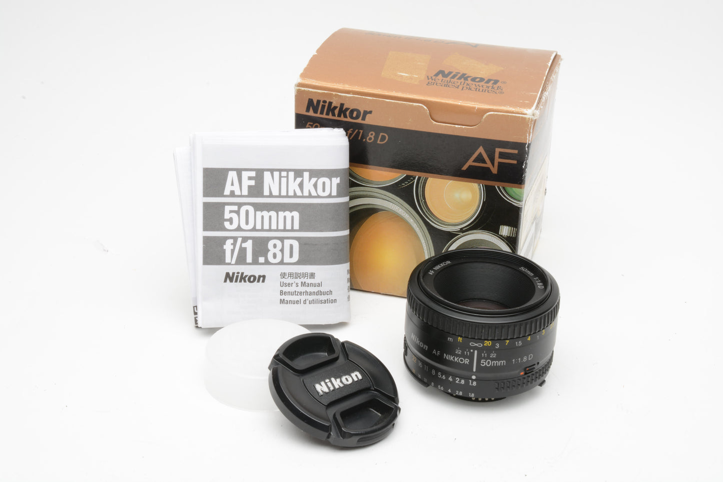 Nikon AF Nikkor 50mm f1.8D Prime lens, boxed, caps, instructions, clean