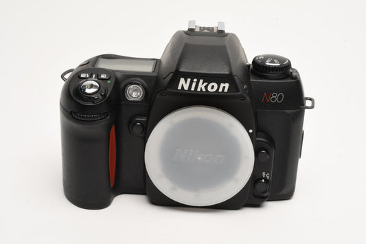Nikon N80 35mm SLR body, cap, strap, book, tested, works great!