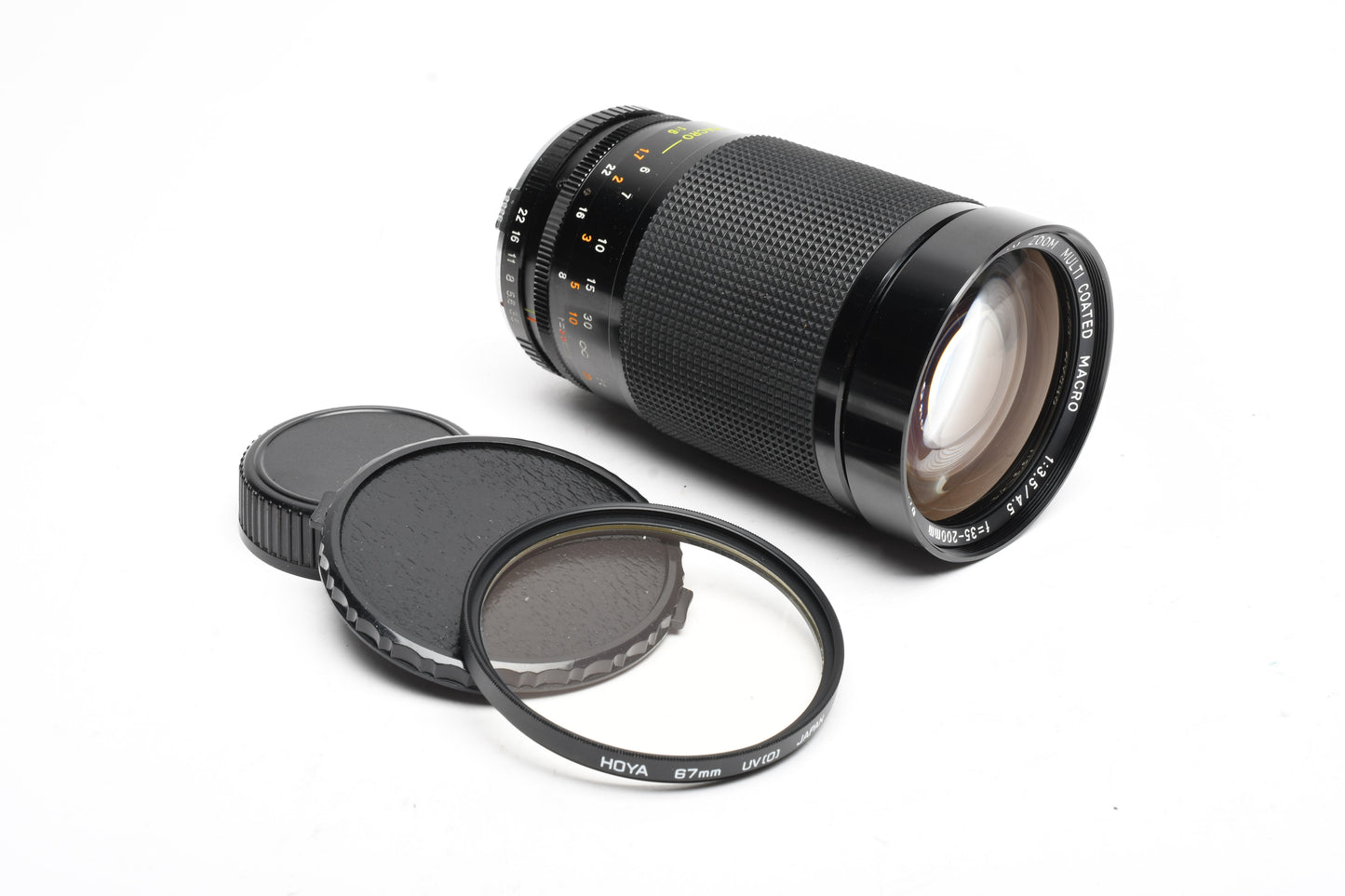 Rokinon 35-200mm f4 Macro zoom lens for Olympus OM, UV, Caps, Great!