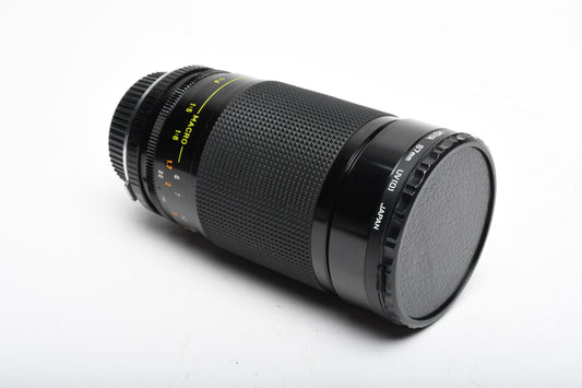 Rokinon 35-200mm f4 Macro zoom lens for Olympus OM, UV, Caps, Great!