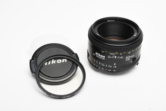 Nikon Nikkor AF 50mm f1.8 Prime lens, caps+UV filter