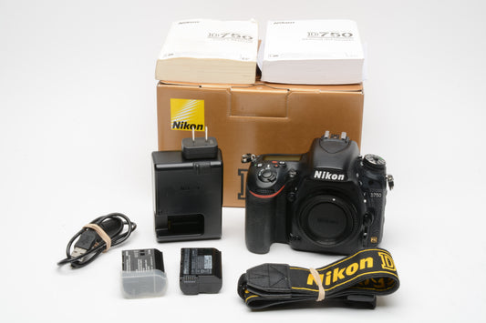 Nikon D750 DSLR Body 24.3MP, 2 batts, charger, strap, Only 2791 Acts!! Boxed