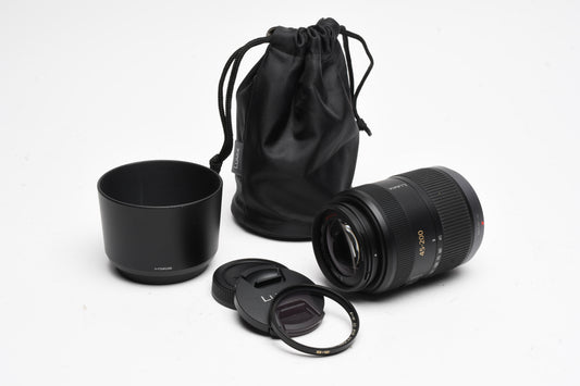 Panasonic Lumix 45-200mm G Vario F4-5.6 Mega OIS w/Caps, B+W UV, Pouch, Hood