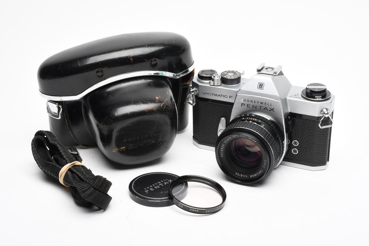 Pentax Spotmatic SP F 35mm SLR w/SMC Takumar 55mm f1.8 lens, Case, 1A, Tested, New seals
