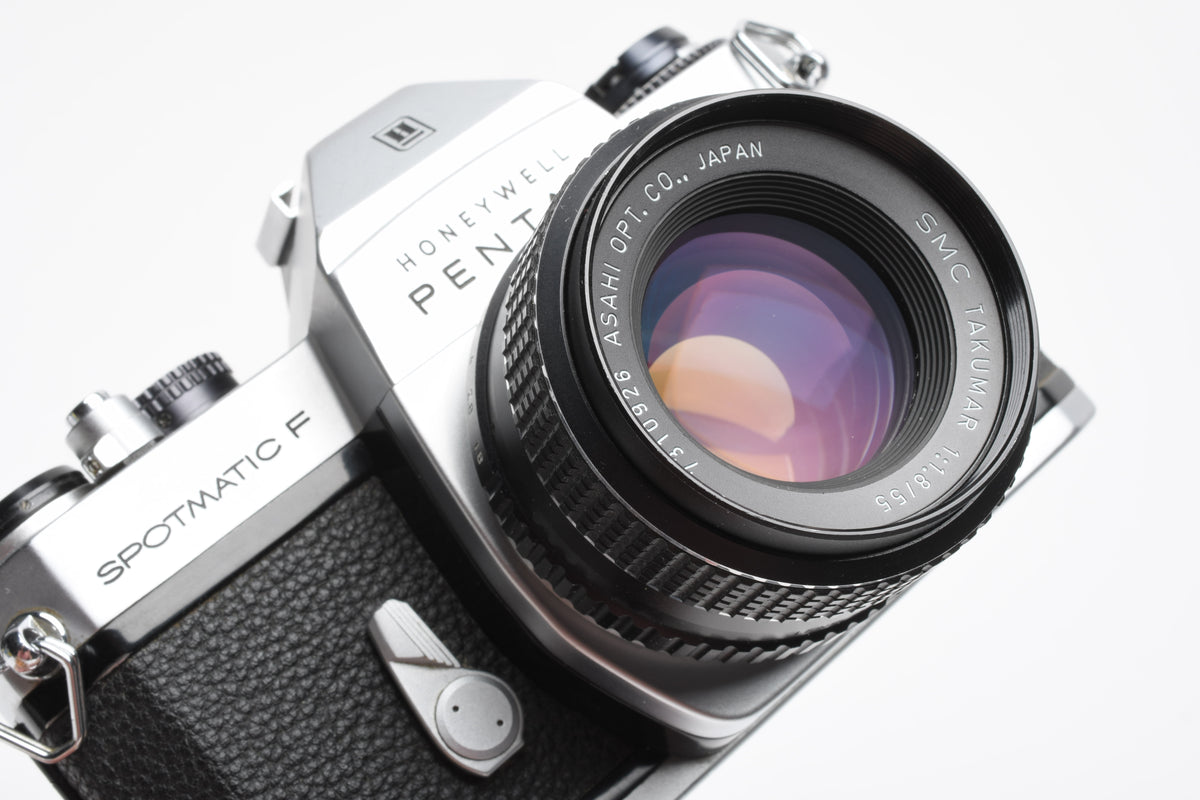 Pentax Spotmatic SP F 35mm SLR w/SMC Takumar 55mm f1.8 lens, Case, 1A, Tested, New seals