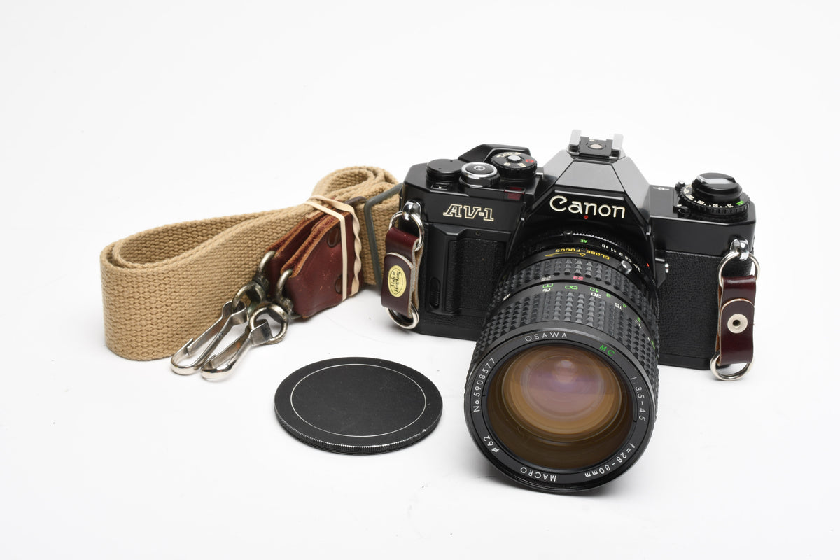 Canon AV-1 (Black) 35mm SLR Camera w/Osawa 28-80mm, New Seals, Good!