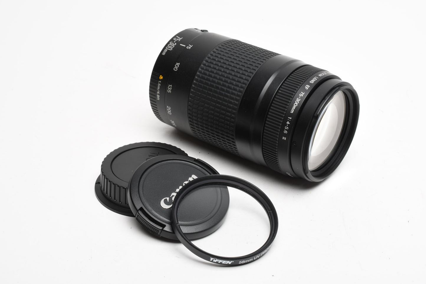 Canon EF 75-300mm f4-5.6 II Telephoto zoom, caps, tested, +UV Filter