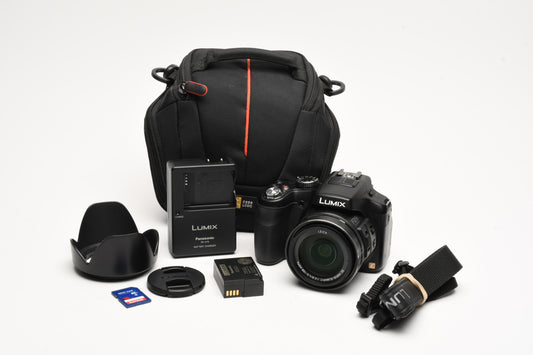 Panasonic DMC-FZ200 12.1MP Digital Point&Shoot w/batt+charger+case+hood+SD