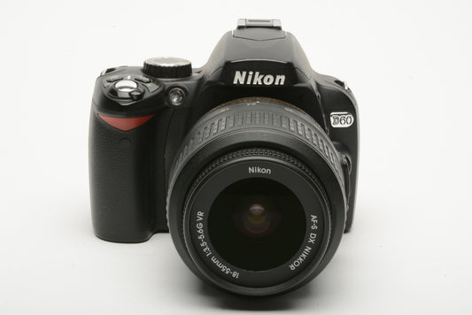 Nikon D60 DSLR body w/18-55mm f3.5-5.6G DX, batt+charger+2GB SD+USB 9592 Acts!