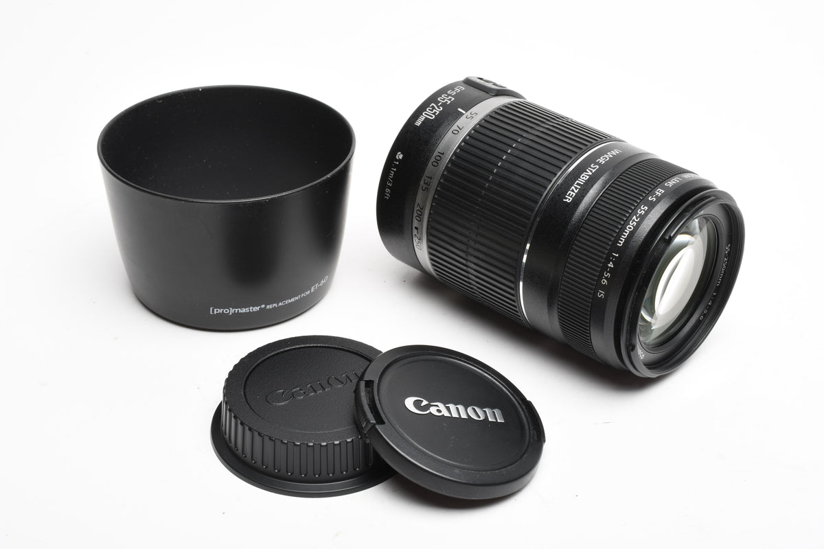 Canon EF-S 55-250mm f4-5.6 IS Zoom lens, w/Caps, Hood, Clean!