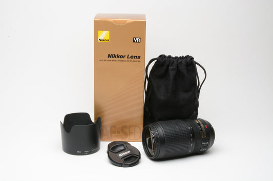 Nikon AF-S Nikkor 70-300mm f4.5-5.6G IF ED VR zoom lens, hood, caps, UV, (USA), boxed