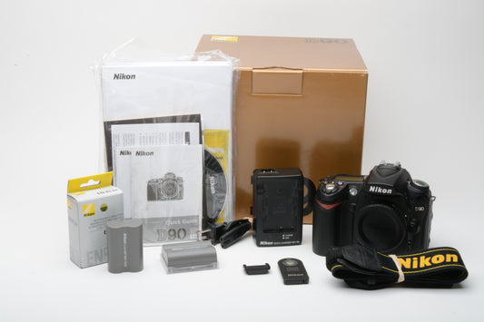 Nikon D90 DSLR body, 2batts, charger, strap, 9971 Acts, very clean, tested, boxed