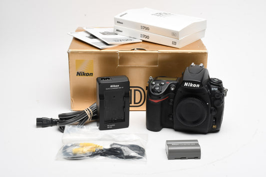 Nikon D700 DSLR Body w/Batt, charger, manuals, 82K Acts, Boxed