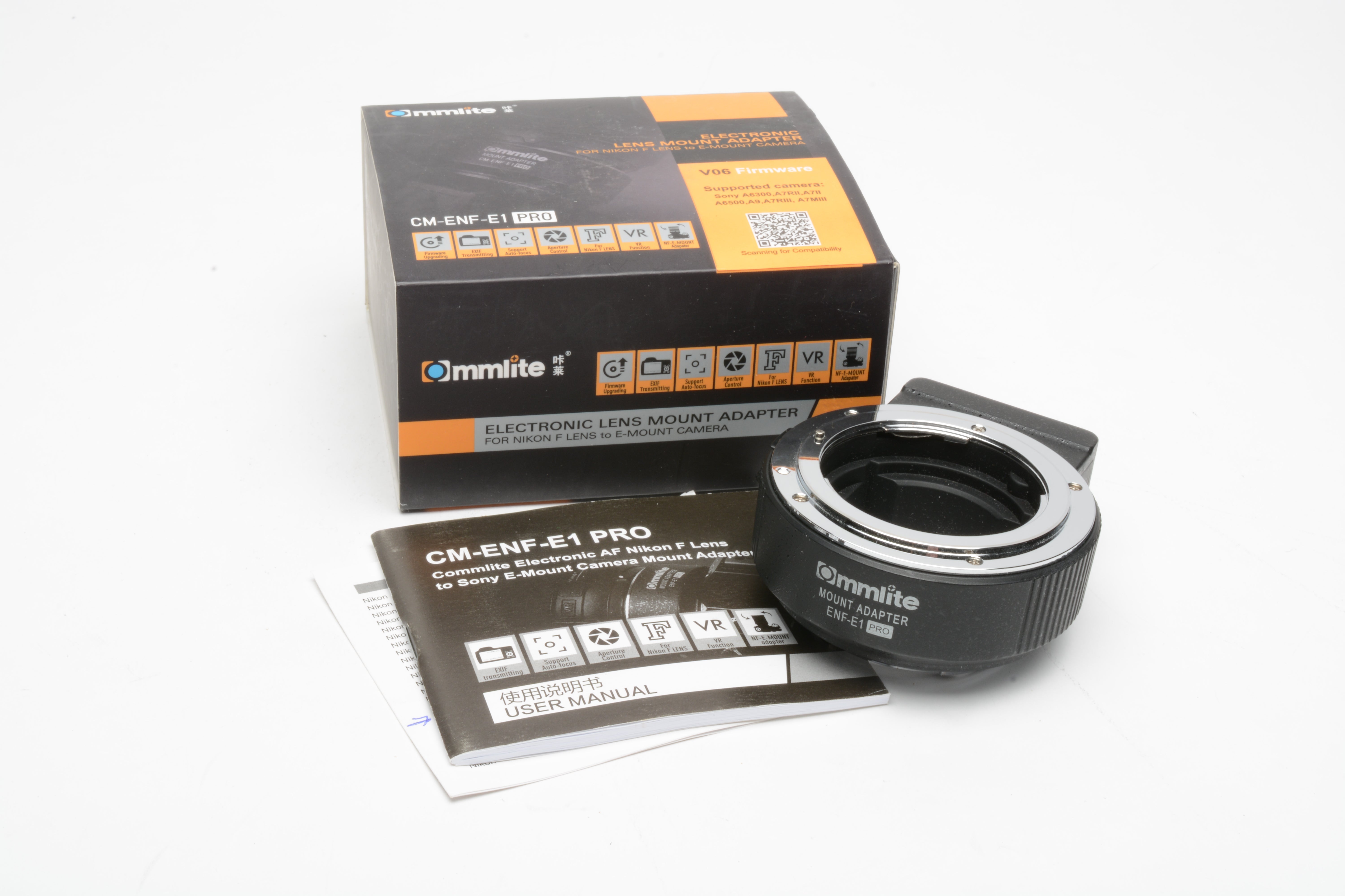 Commlite CM-ENF-E1 PRO V08 Focus Lens Adapter Nikon F Lens to Sony E-mount,  Boxed