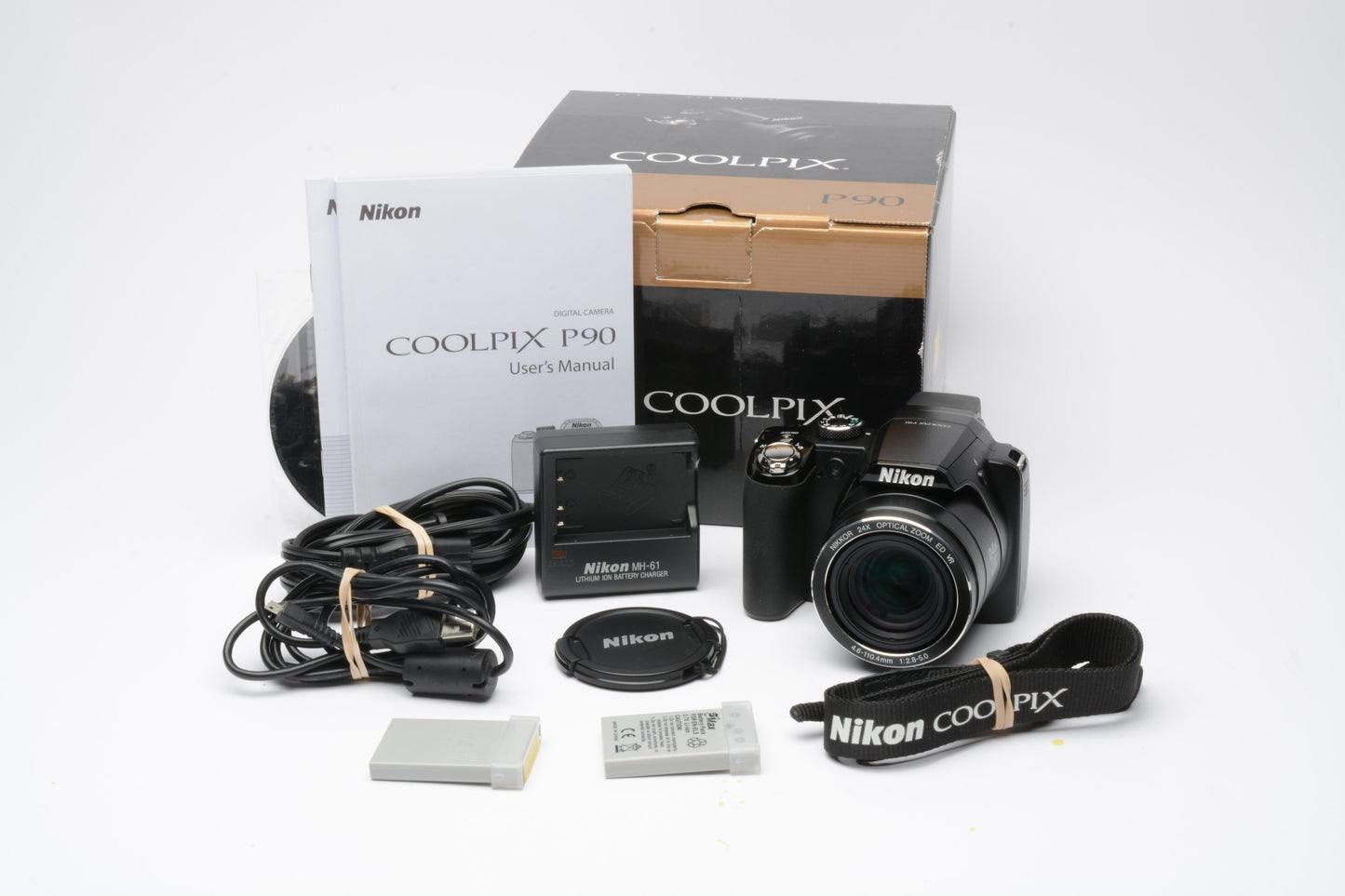 Nikon Coolpix P90 12.1MP 34X zoom digital Point&Shoot, 2batts, charger, manual, box