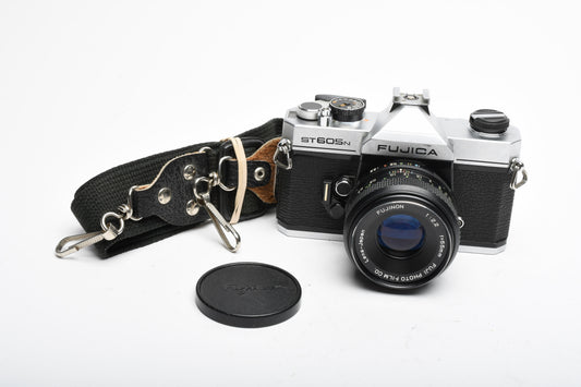 Fujica ST605N 35mm SLR Body w/55mm f2.2 lens, strap, New seals, tested, good!