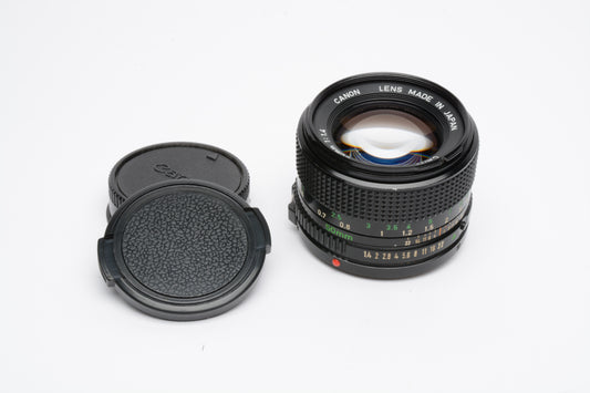 Canon 50mm f1.4 N FD mount lens, very clean and sharp, caps