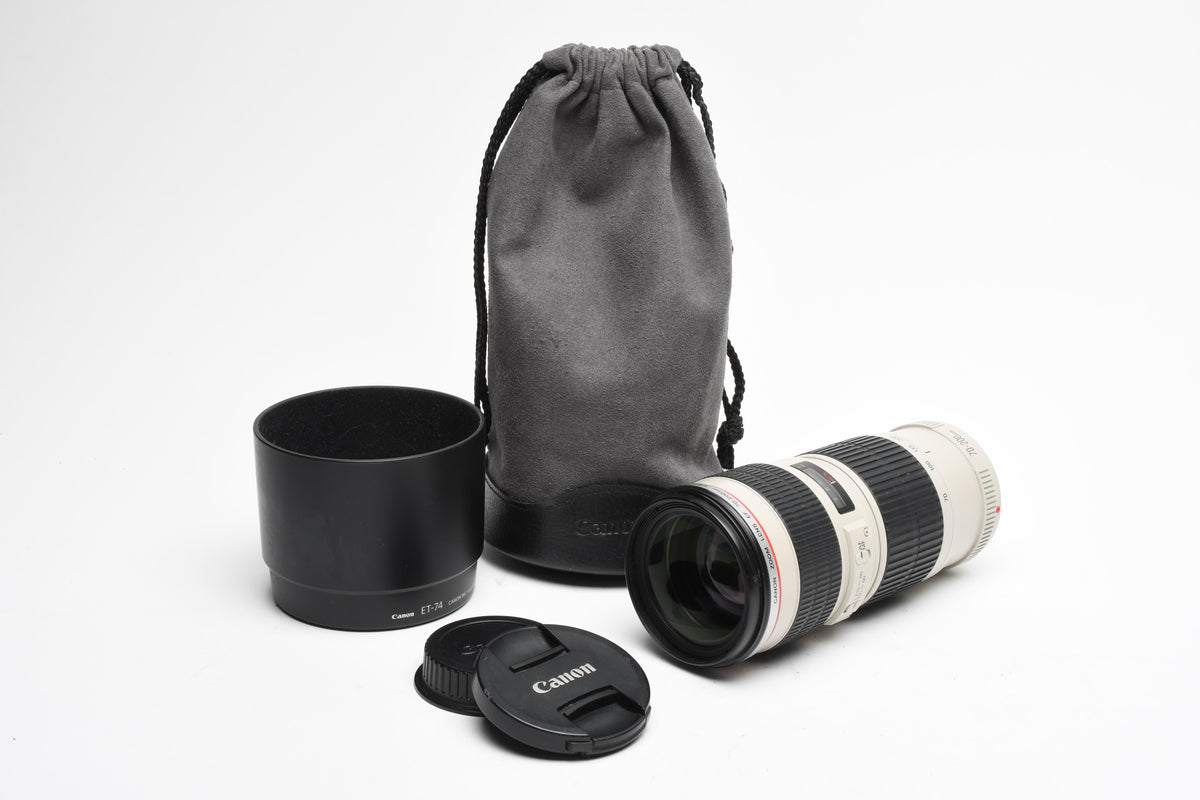 Canon EF 70-200mm f4L USM zoom lens, caps, hood, pouch, Great!