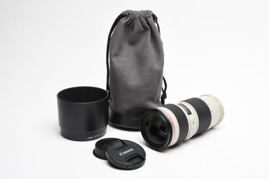 Canon EF 70-200mm f4L USM zoom lens, caps, hood, pouch, Great!