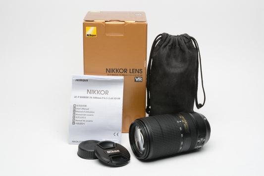 Nikon AF-P 70-300mm f4.5-5.6E ED VR tele zoom lens, caps, pouch, Mint, USA