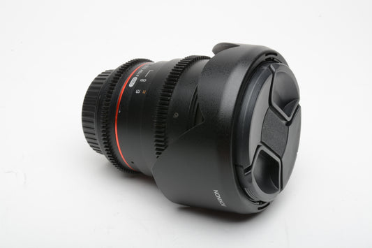 Rokinon 24mm T1.5 ED AS IF UMC Canon EF lens w/caps, hood, Clean!