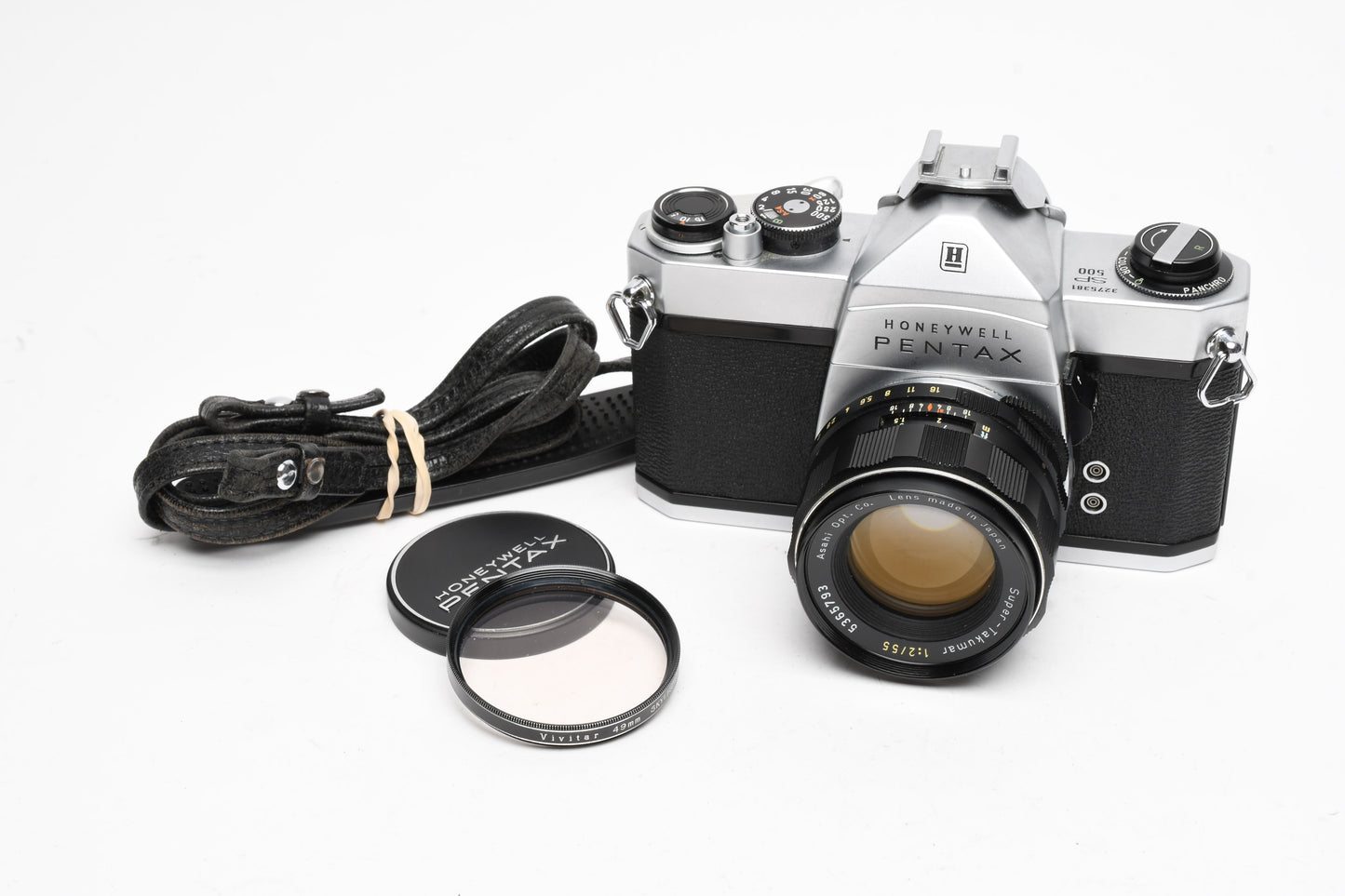 Pentax Honeywell SP 500 SLR w/55mm f2 Lens, Skylight, Strap, Clean!