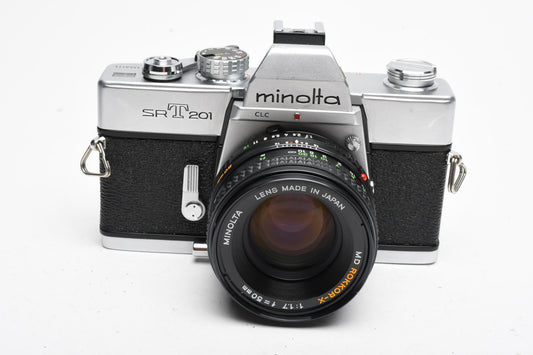 Minolta SRT-201 35mm SLR w/Rokkor-X 50mm f1.7 lens, new seals, tested