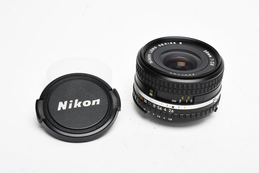 Nikon Series E 28mm f2.8 AI-S prime lens, caps, very clean & sharp, Mint-
